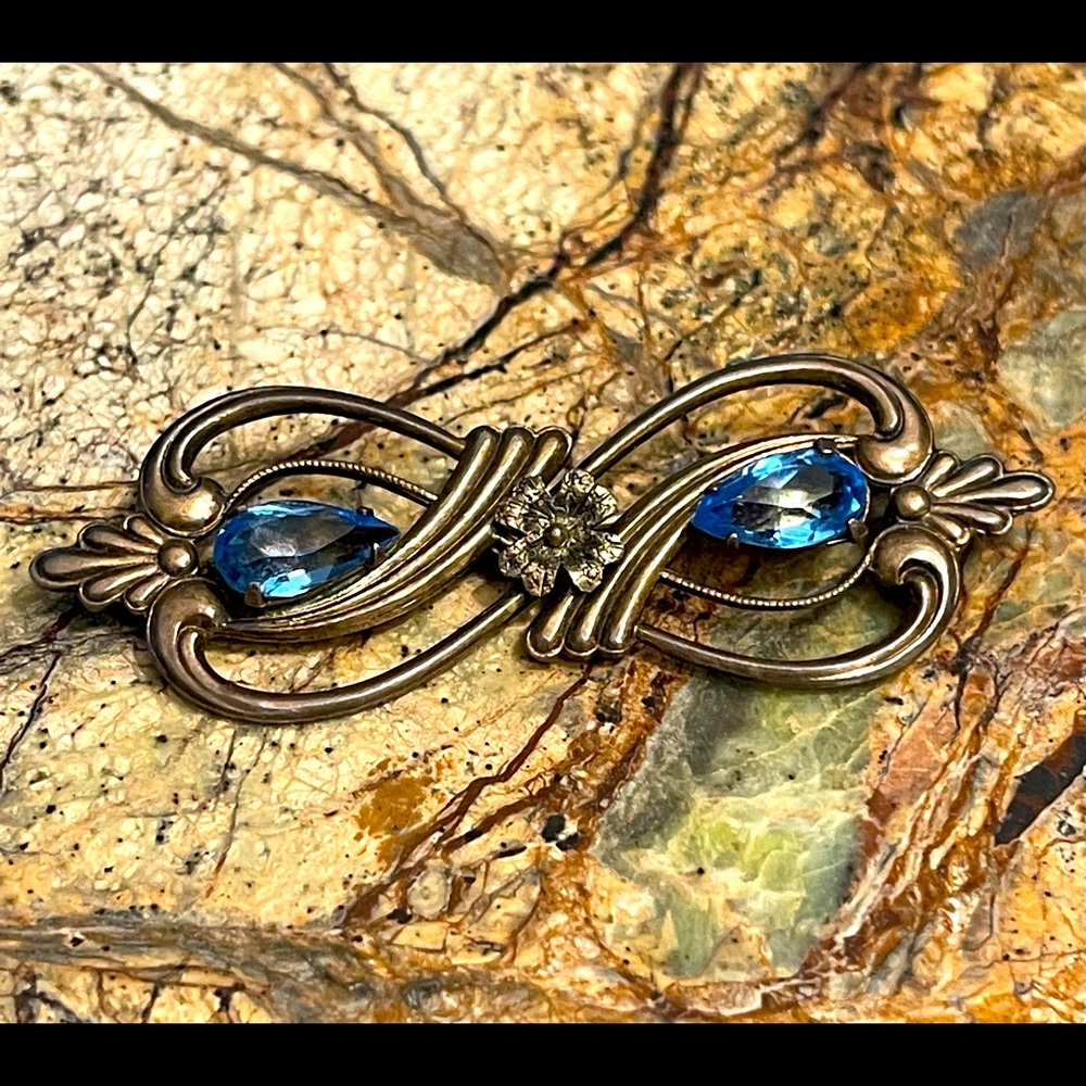 Antique Broach Gold-toned with Blue Accents & Safety Clasp